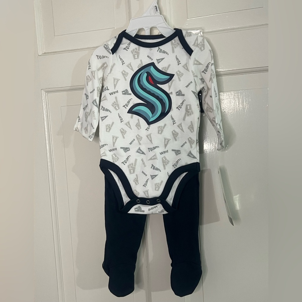 NHL Seattle Kraken Kids Bodysuit - White and Navy with Teal Logo